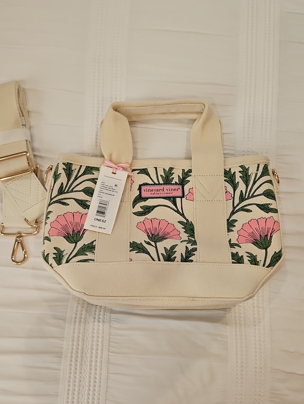 Vineyard Vines Cream Canvas Tote with Pink Floral Print